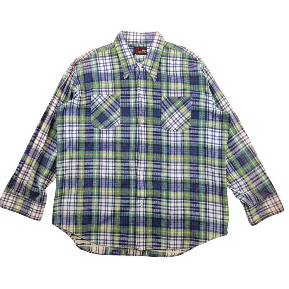 Vintage 1970s Phoenix Plaid Cotton Flannel Shirt Men’s Large Green Blue